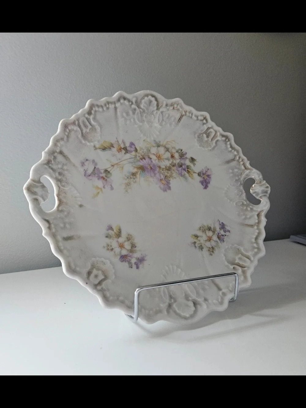 White Decorative Floral Ceramic Serving Plate with Purple Flowers